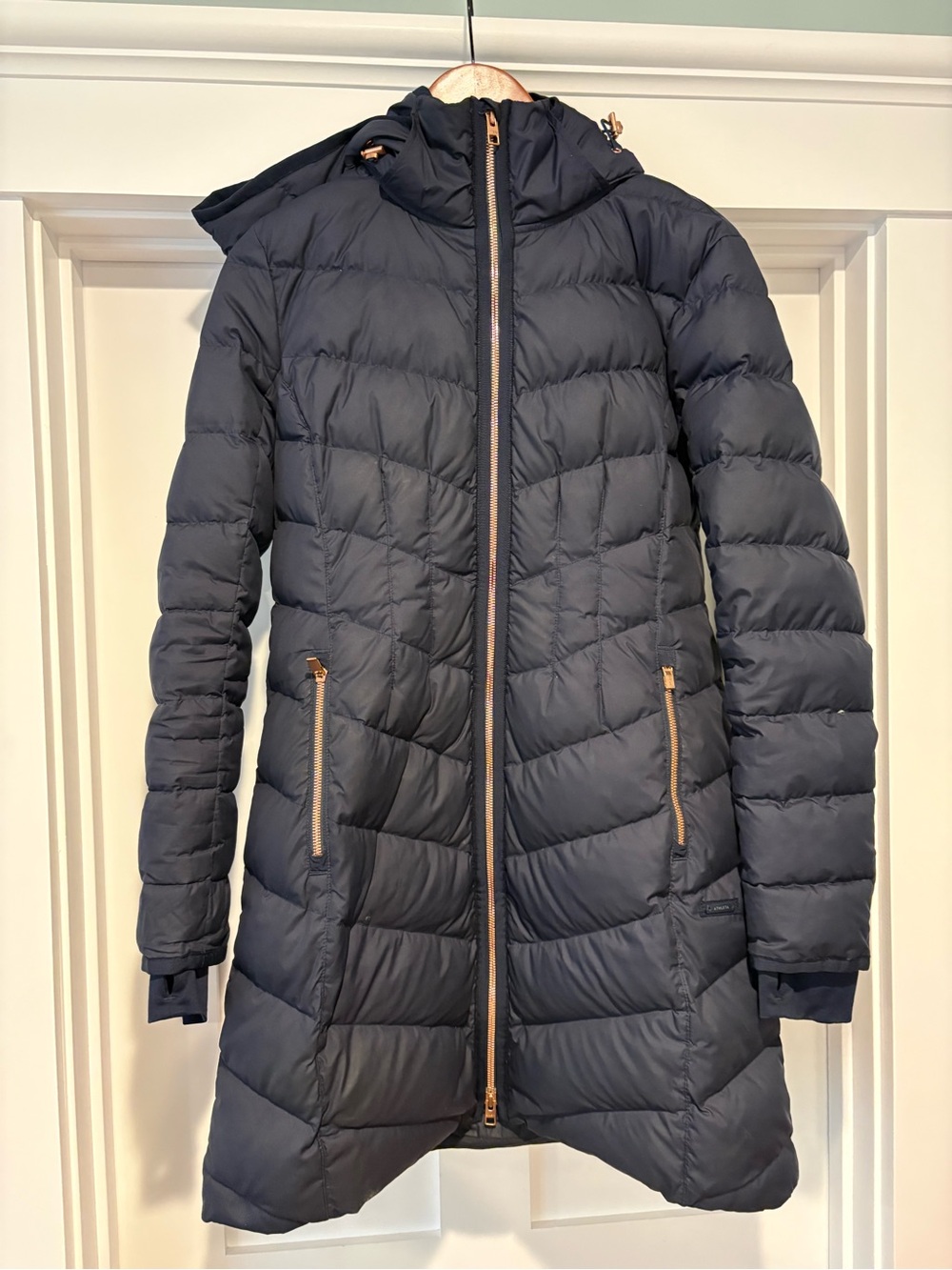Athleta Navy Quilted Long Puffer Coat with Rose Gold Details